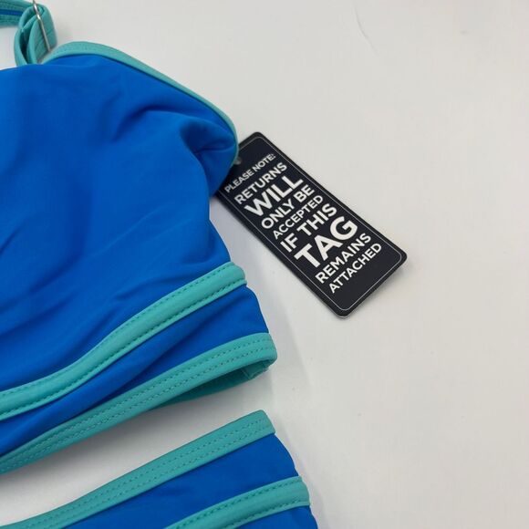 BMJL Two-Piece Swimsuit Blue Turquoise Trim Halter Top High‎ Waist Bottom M NWT - Picture 5 of 7